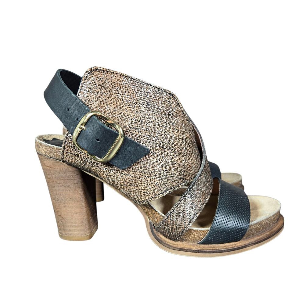 Anthro Coque Terra Sanne Heels Womens 39 Black Brown Shimmer Leather Sandals